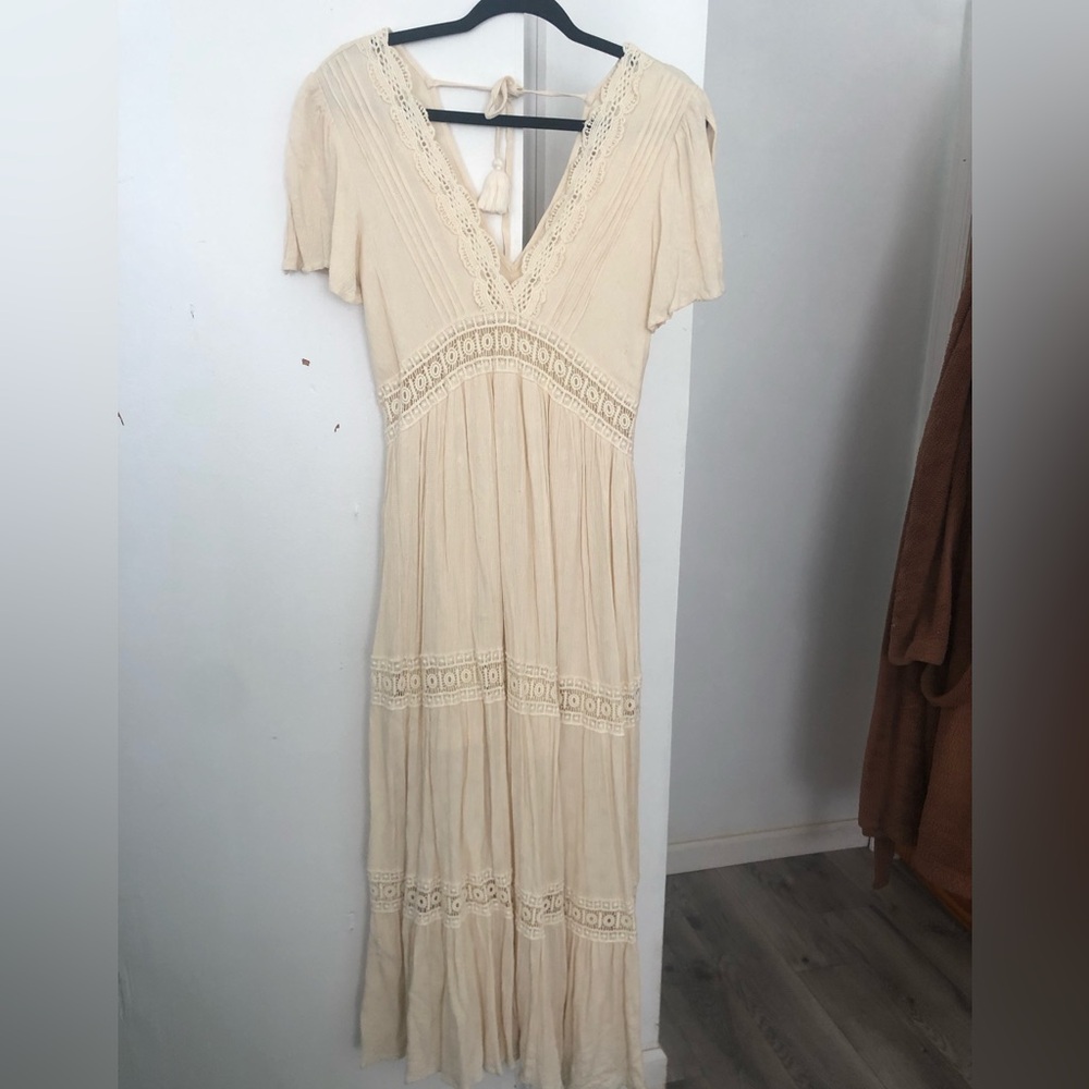 V-Neck Lace-Trim Maxi Dress in Cream